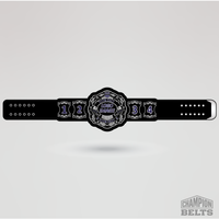 Personalized wrestling championship belt template with editable logo area, text fields, and numbered side plates