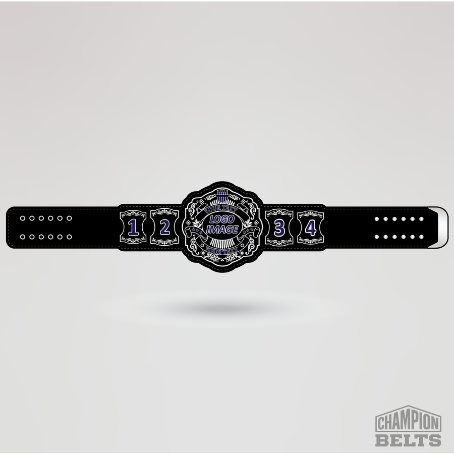 Personalized wrestling championship belt template with editable logo area, text fields, and numbered side plates