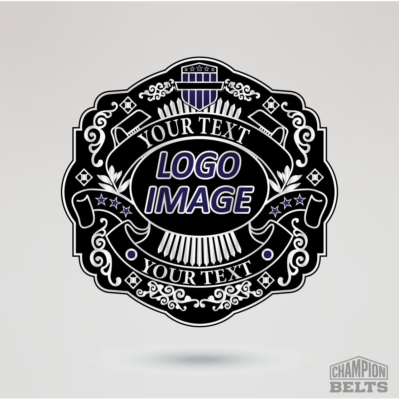 Personalized championship belt main plate template with logo image area and custom text banners