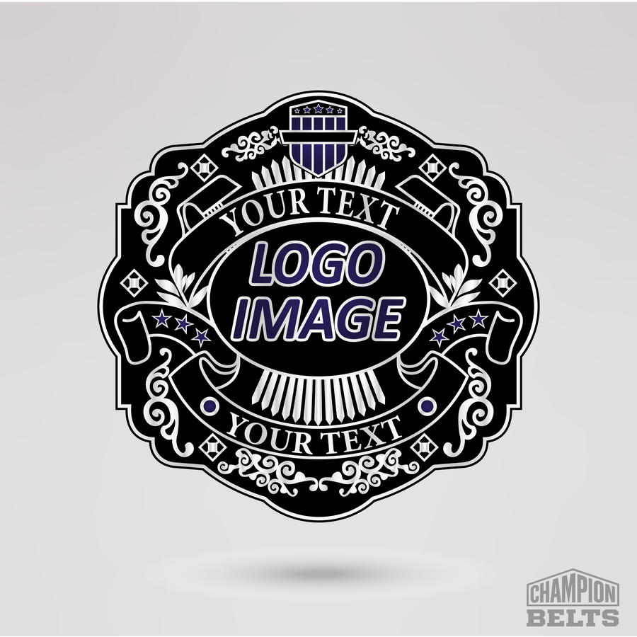 Personalized championship belt main plate template with logo image area and custom text banners