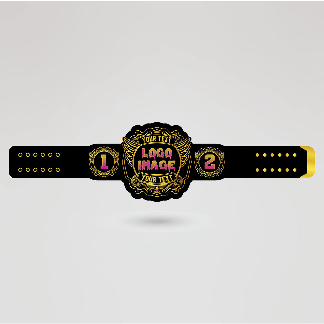 Customization template showcasing the placement for logo, text, and design elements on the wrestling belt.