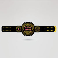 Customization template showcasing the placement for logo, text, and design elements on the wrestling belt.