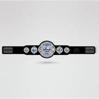 Real-life example of the fully customizable Destiny Wrestling Champion belt with logos and text.