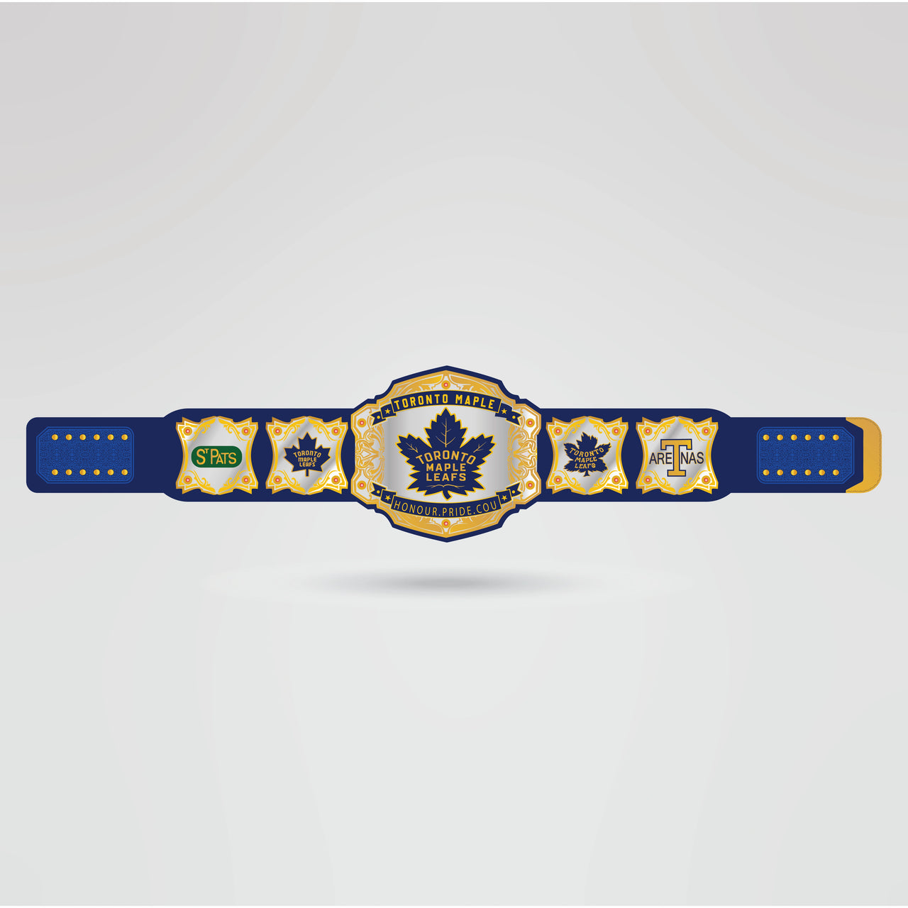 Real-life example of the fully customized Toronto Maple Leafs Championship belt, displaying logos and text.