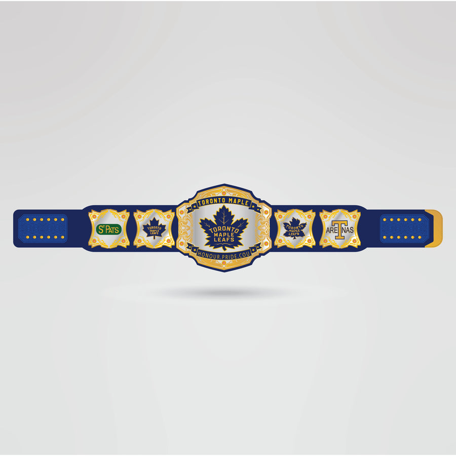 Real-life example of the fully customized Toronto Maple Leafs Championship belt, displaying logos and text.
