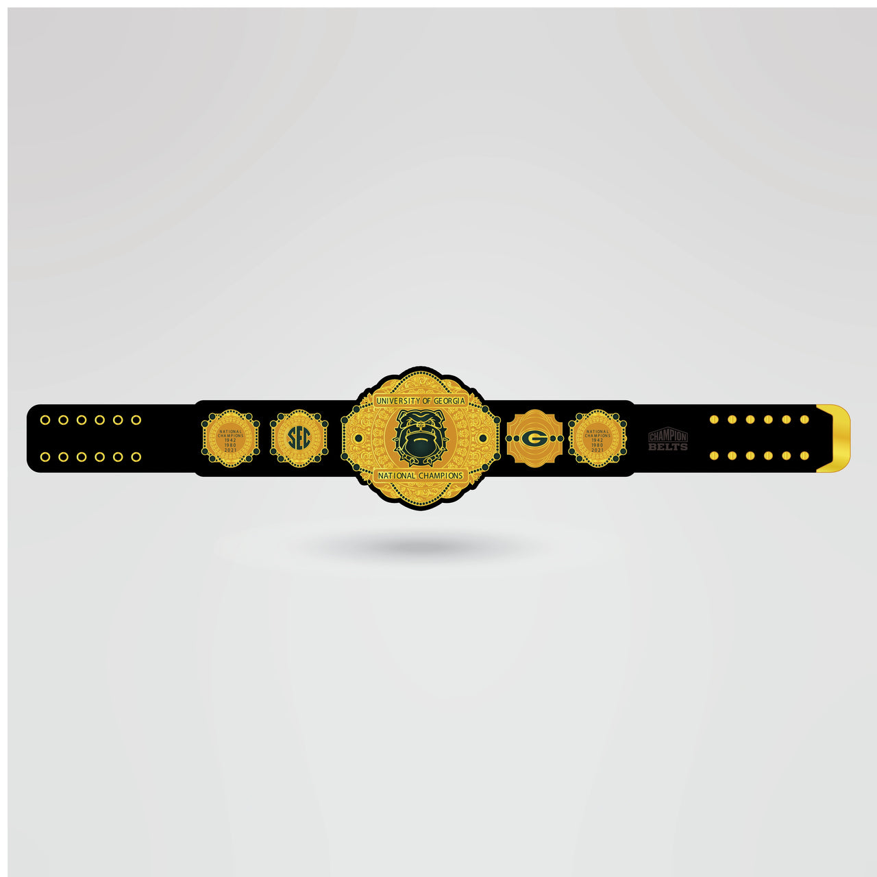 Real example of the fully customizable University of Georgia National Championship belt with logos and text.