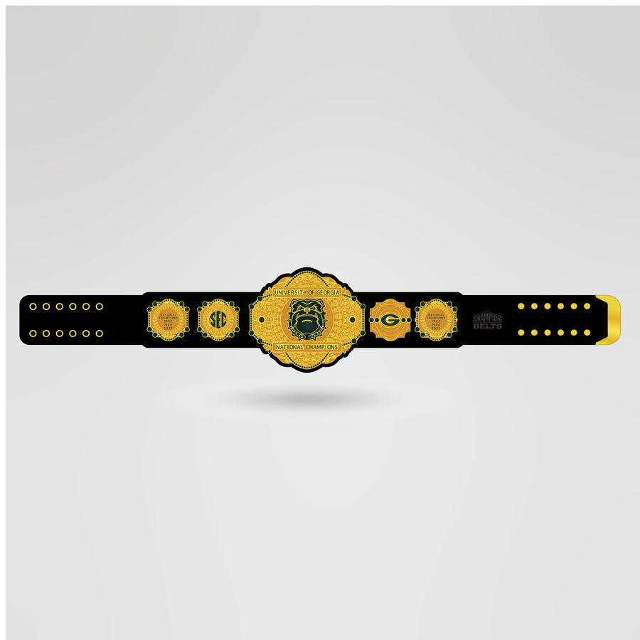 Real example of the fully customizable University of Georgia National Championship belt with logos and text.