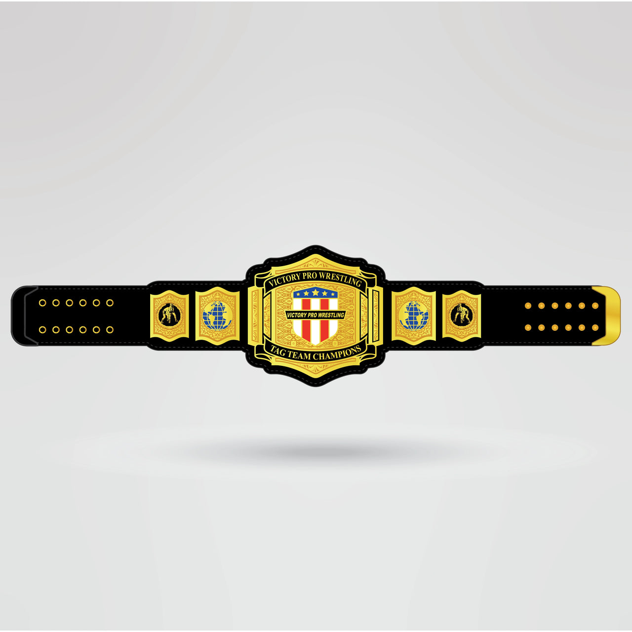 Real-life example of a fully customized Victory Pro Wrestling Tag Team Championship belt with logos and text.