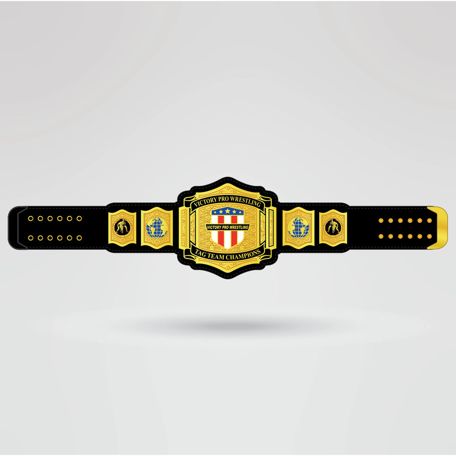 Real-life example of a fully customized Victory Pro Wrestling Tag Team Championship belt with logos and text.