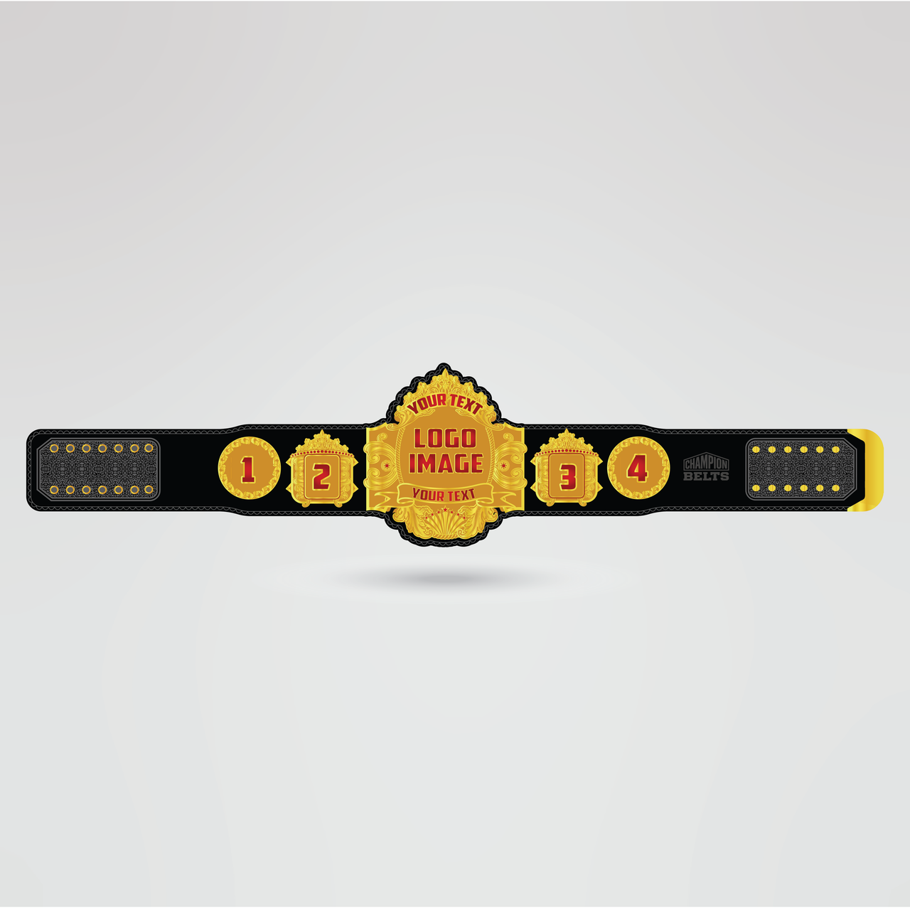 Template showing customizable sections of the Familian Balaku Championship belt for logos, text, and graphics.
