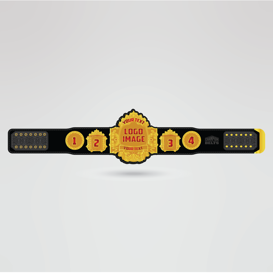 Template showing customizable sections of the Familian Balaku Championship belt for logos, text, and graphics.