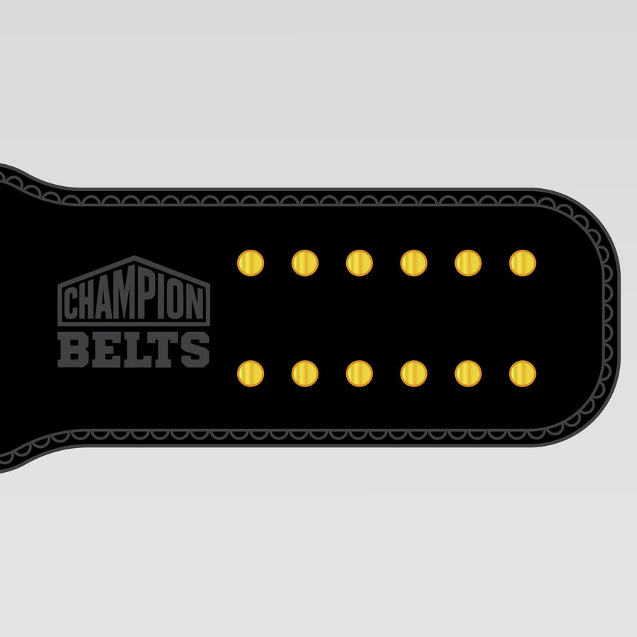 Black leather style fantasy football championship belt strap with gold snap button details