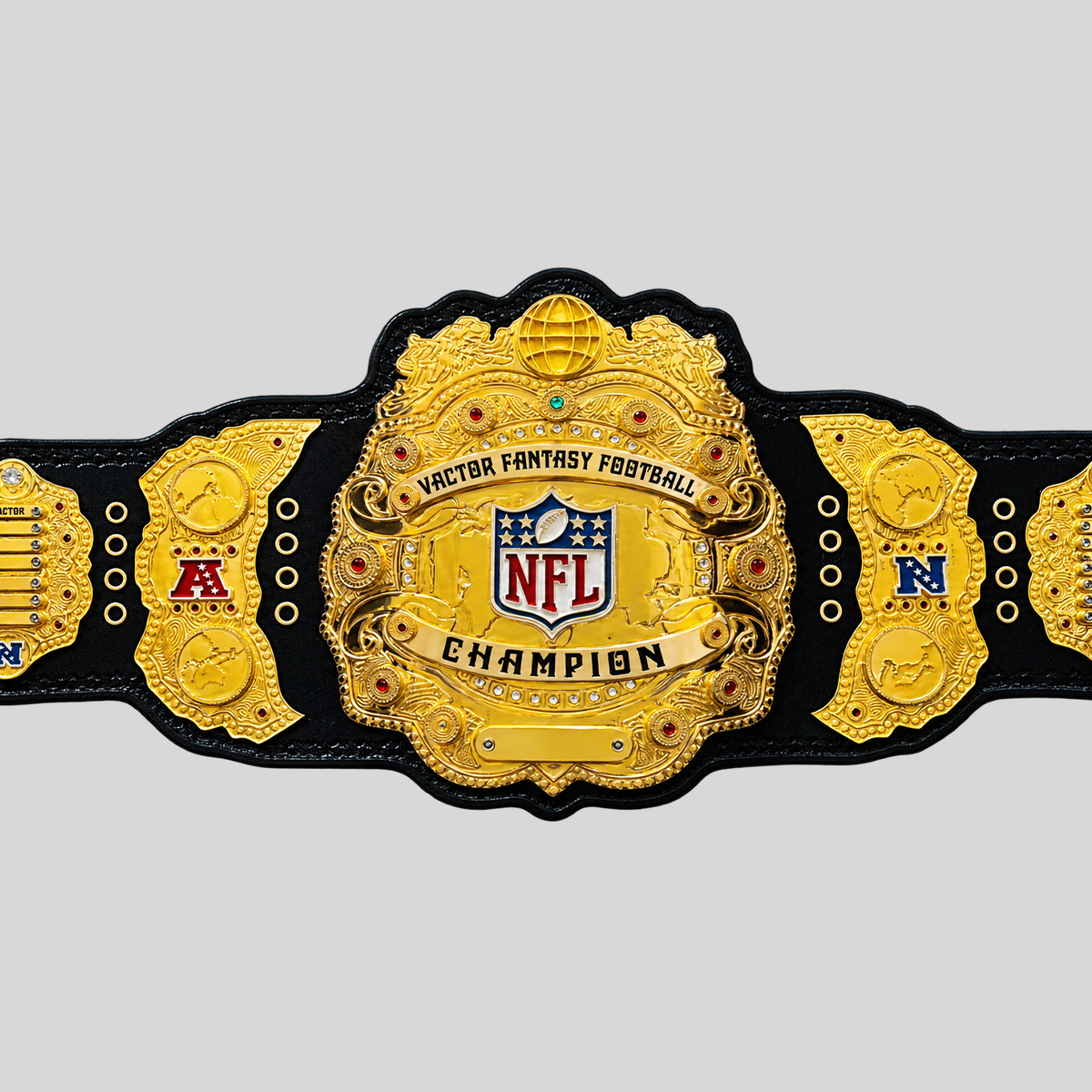Fantasy Football championship belt with gold decorative plates, black leather strap, and personalized championship details.
