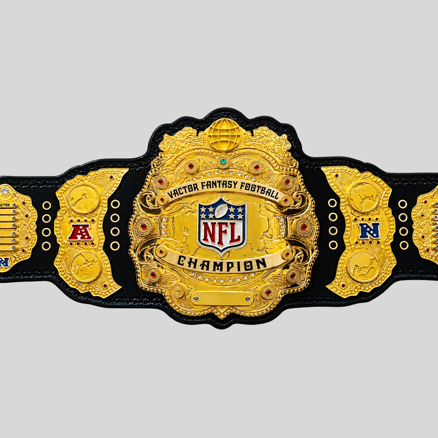 Fantasy Football championship belt with gold decorative plates, black leather strap, and personalized championship details.