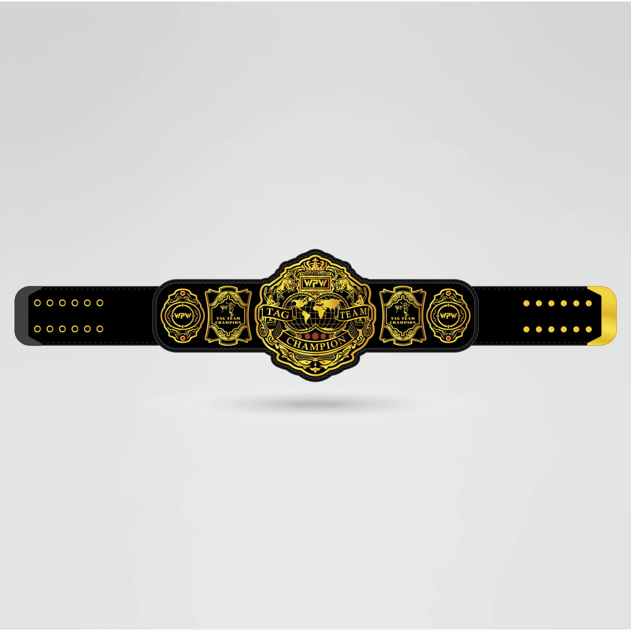 A final design of the WPW Tag Team Championship Belt, showcasing personalized logos, text, and a gold and black color scheme.