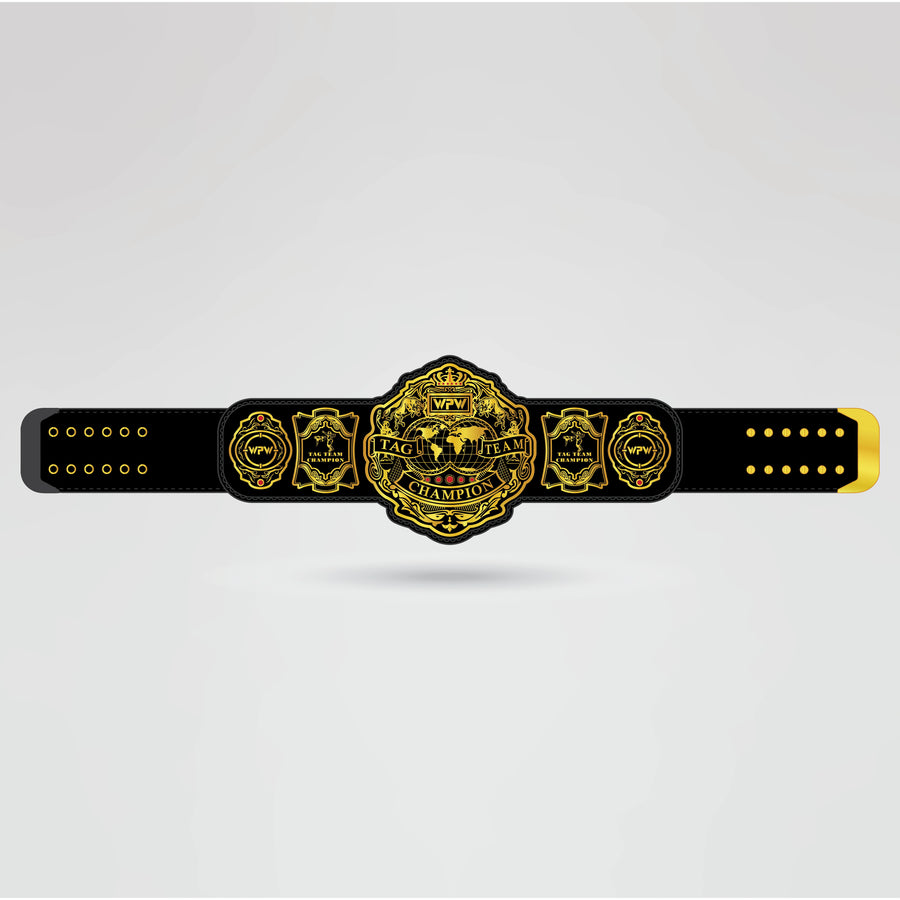A final design of the WPW Tag Team Championship Belt, showcasing personalized logos, text, and a gold and black color scheme.