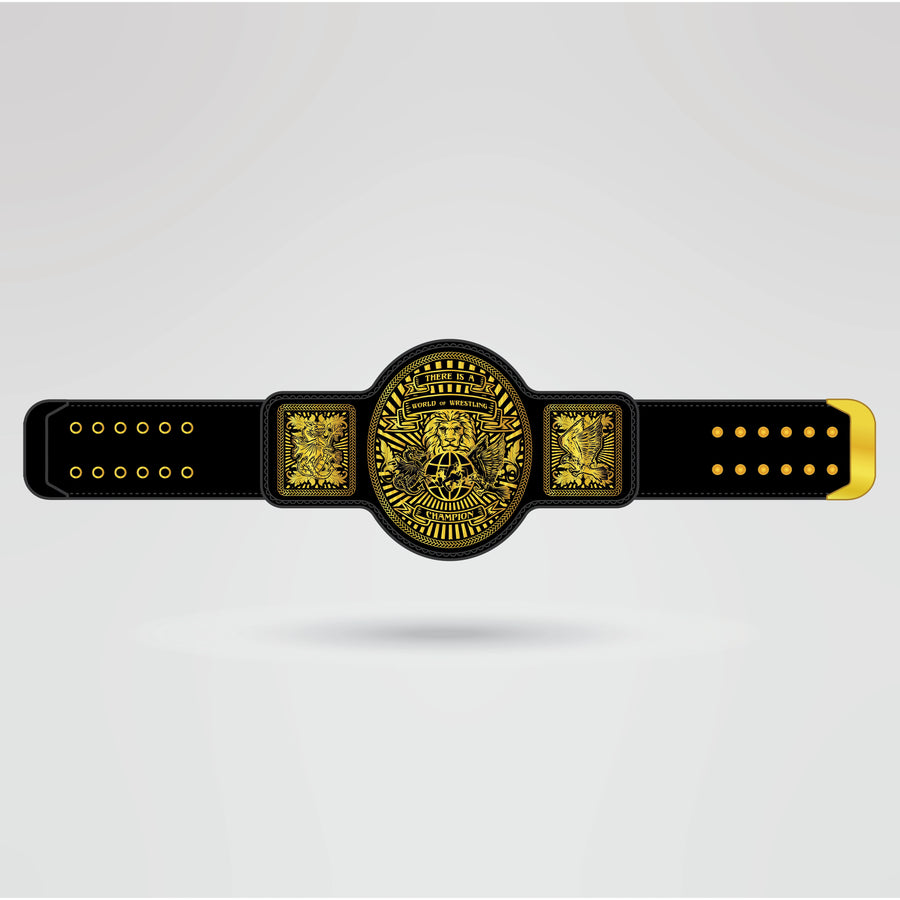 The World Wrestling Championship Belt showcasing a complete design with personalized logos and text.