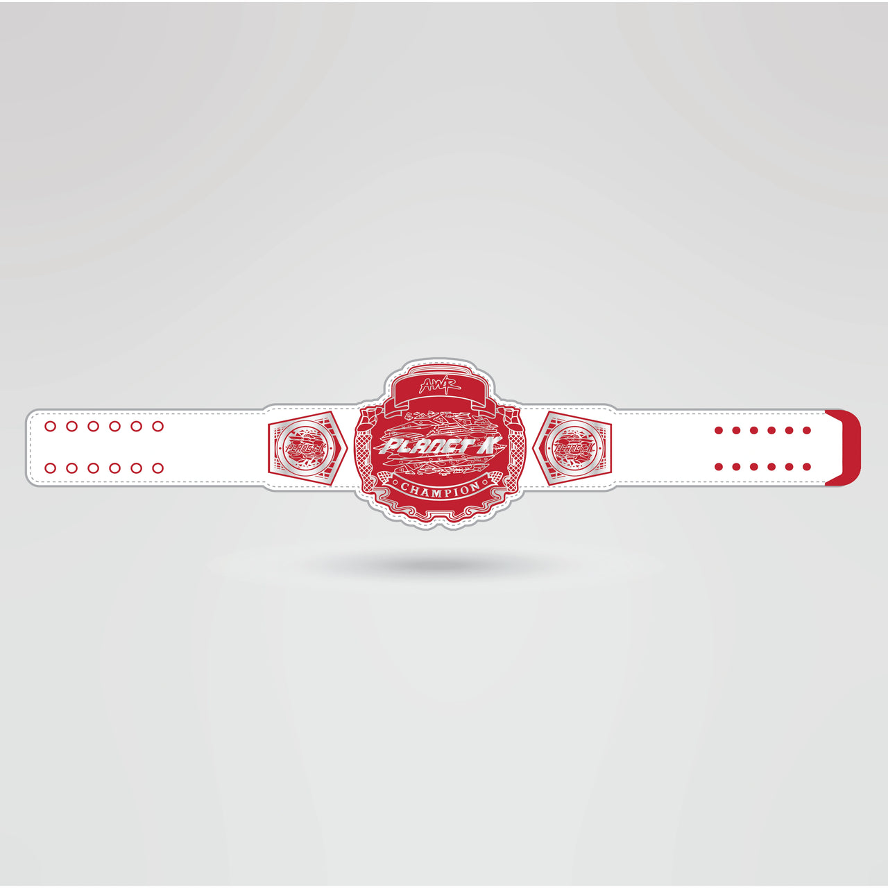 Real-life design of the Planet K Championship Belt, featuring logos, text, and custom design elements.