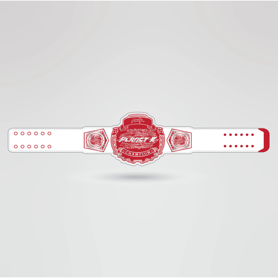Real-life design of the Planet K Championship Belt, featuring logos, text, and custom design elements.
