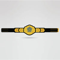 Final design of the Golden Star Wrestling Championship Belt, showcasing main and side plates with custom logos and text.