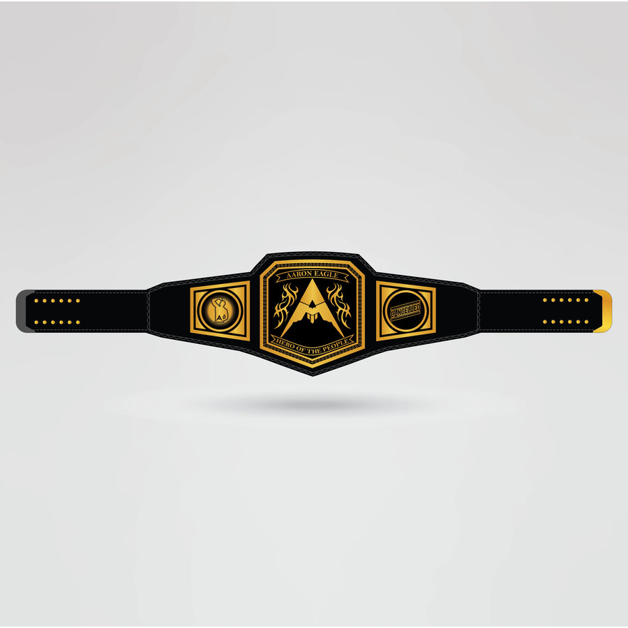 Fully custom Aaron Eagle wrestling championship belt with personalized plates, logos, and text