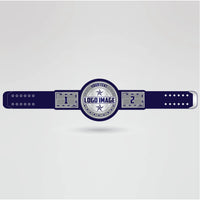 Template showing where logos, text, and images can be customized on the IPW Championship Belt.