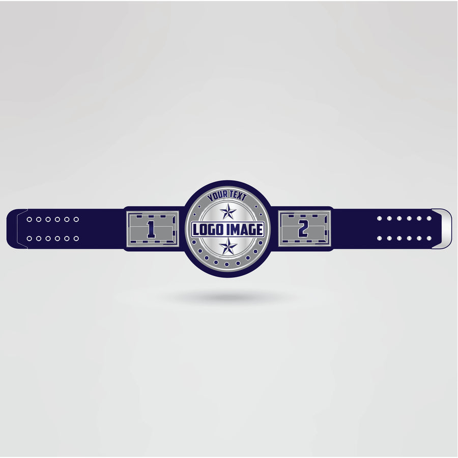 Template showing where logos, text, and images can be customized on the IPW Championship Belt.