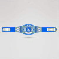 Real-life example of a custom Los Angeles Dodgers championship belt with personalized logos and side plates.