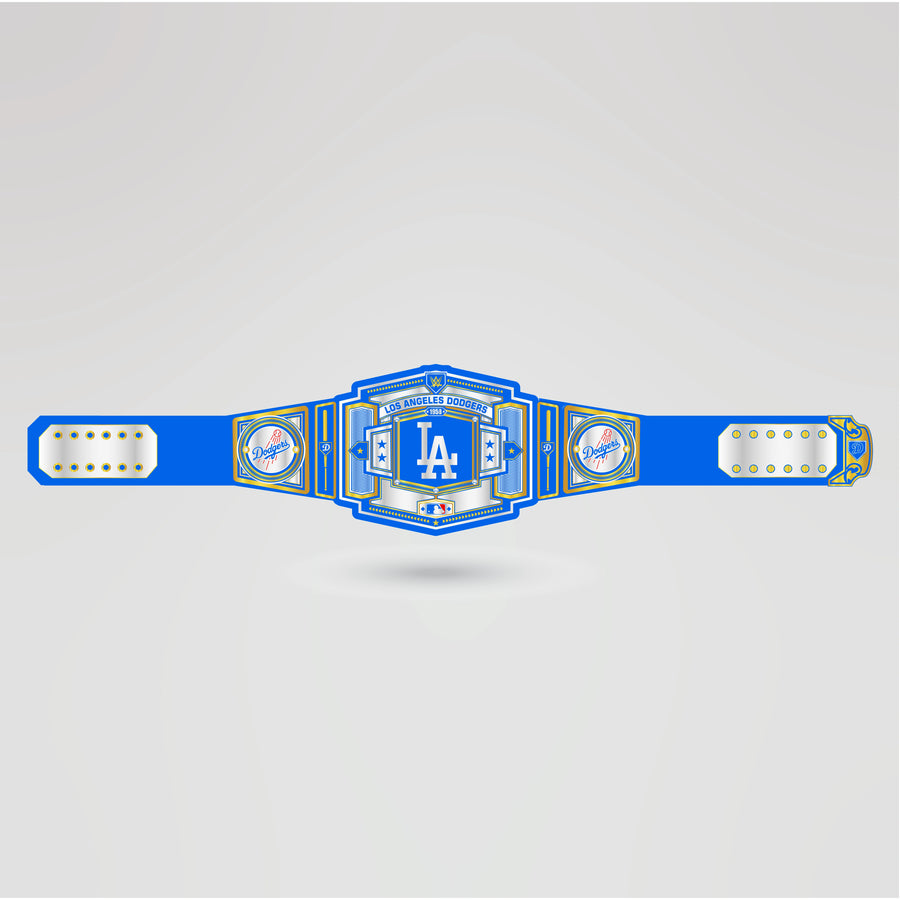 Real-life example of a custom Los Angeles Dodgers championship belt with personalized logos and side plates.