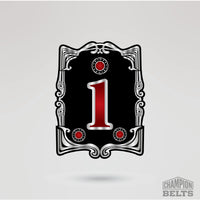 Black and silver wrestling championship side plate with red number 1 design