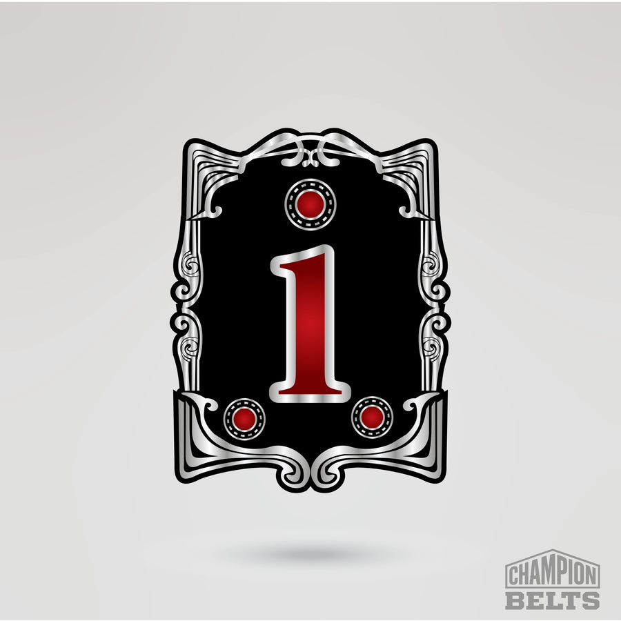 Black and silver wrestling championship side plate with red number 1 design