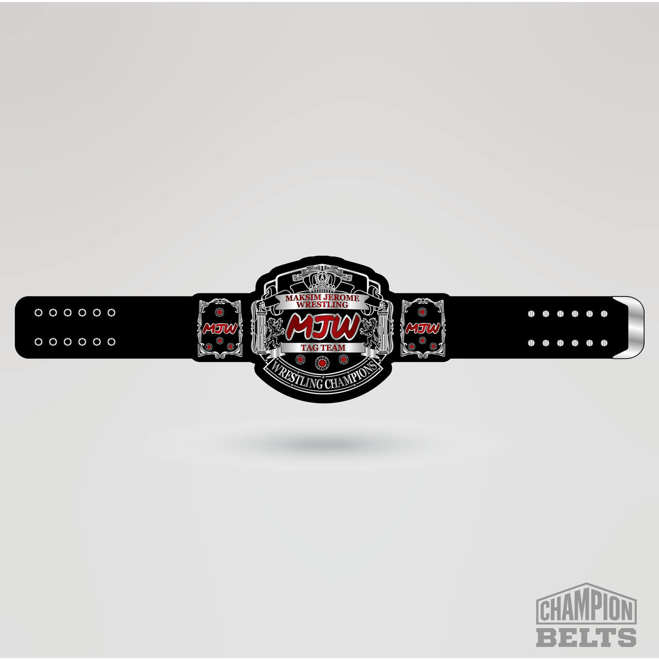 Black and silver MJW tag team wrestling championship belt with custom logo and red accent details