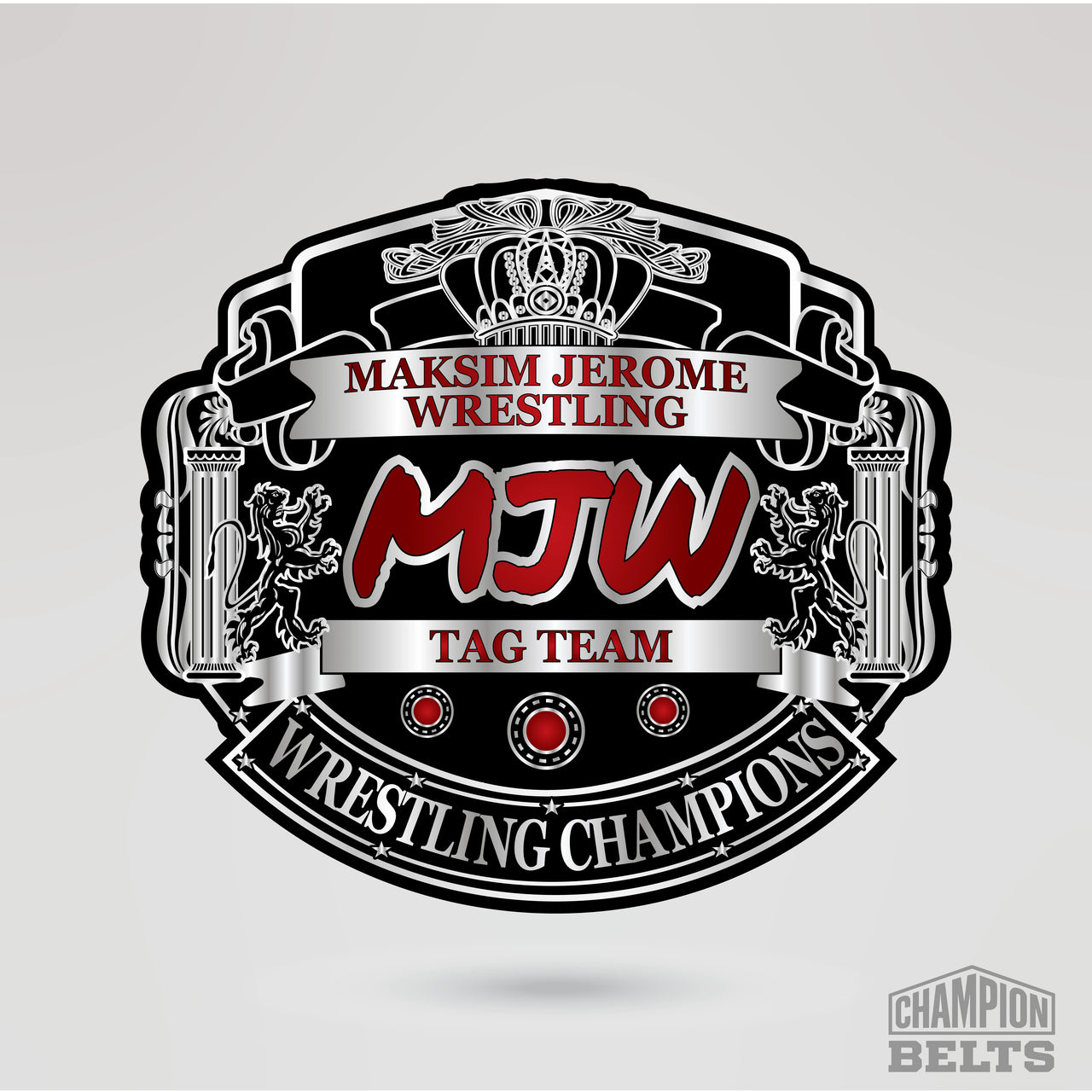 MJW wrestling championship center plate with silver crown details and red championship lettering