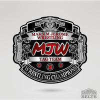 MJW wrestling championship center plate with silver crown details and red championship lettering