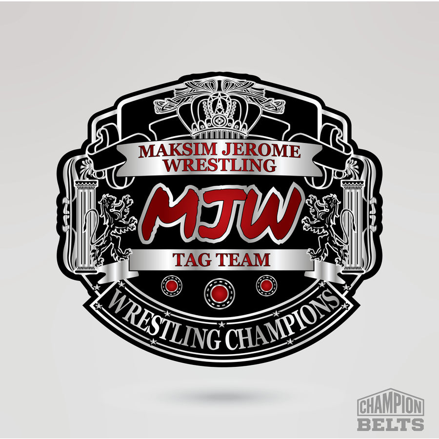 MJW wrestling championship center plate with silver crown details and red championship lettering