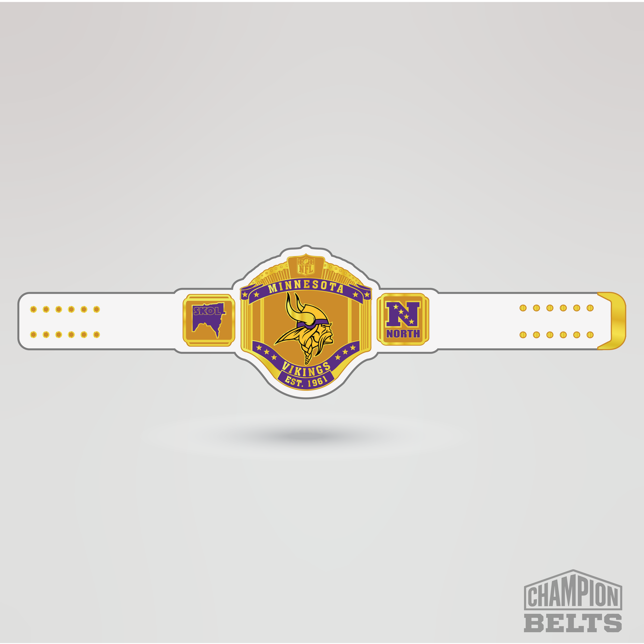 Minnesota Vikings Legacy Championship Belt with gold plates, white strap, and Vikings themed artwork
