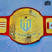 Moon League Championship Belt with gold-tone plates, red strap, sports logo, Champion lettering, crystal accents, and detailed engraving