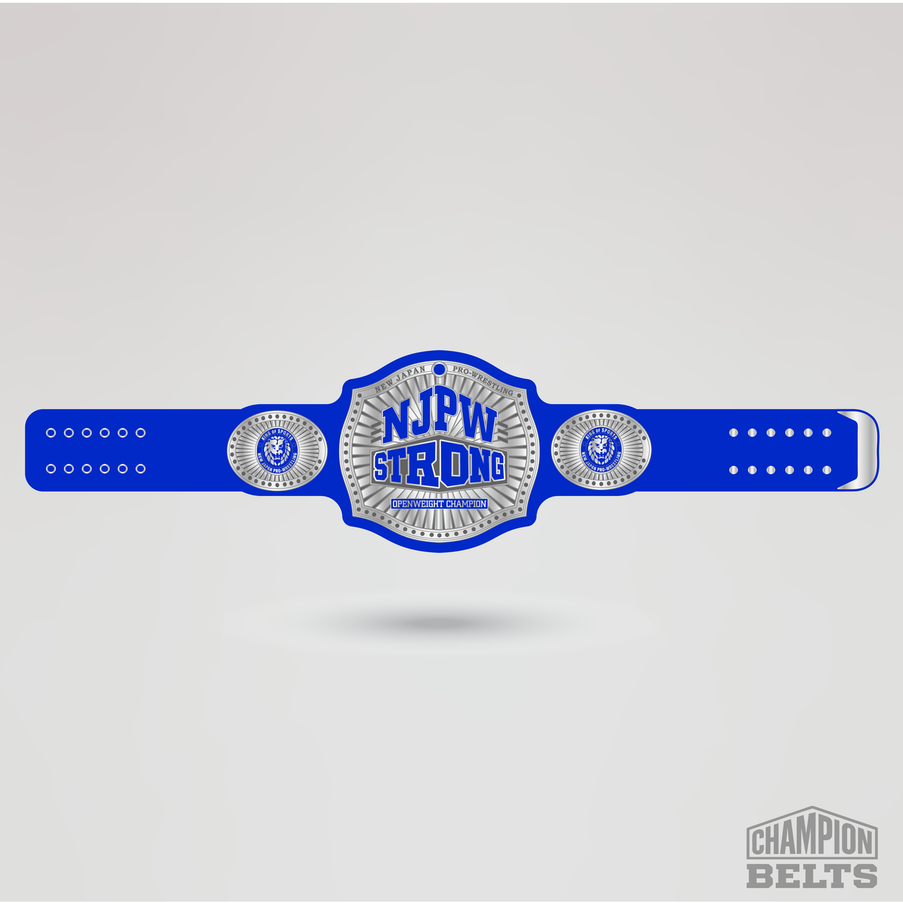 Custom NJPW STRONG Openweight Champion belt with blue strap and silver championship plates