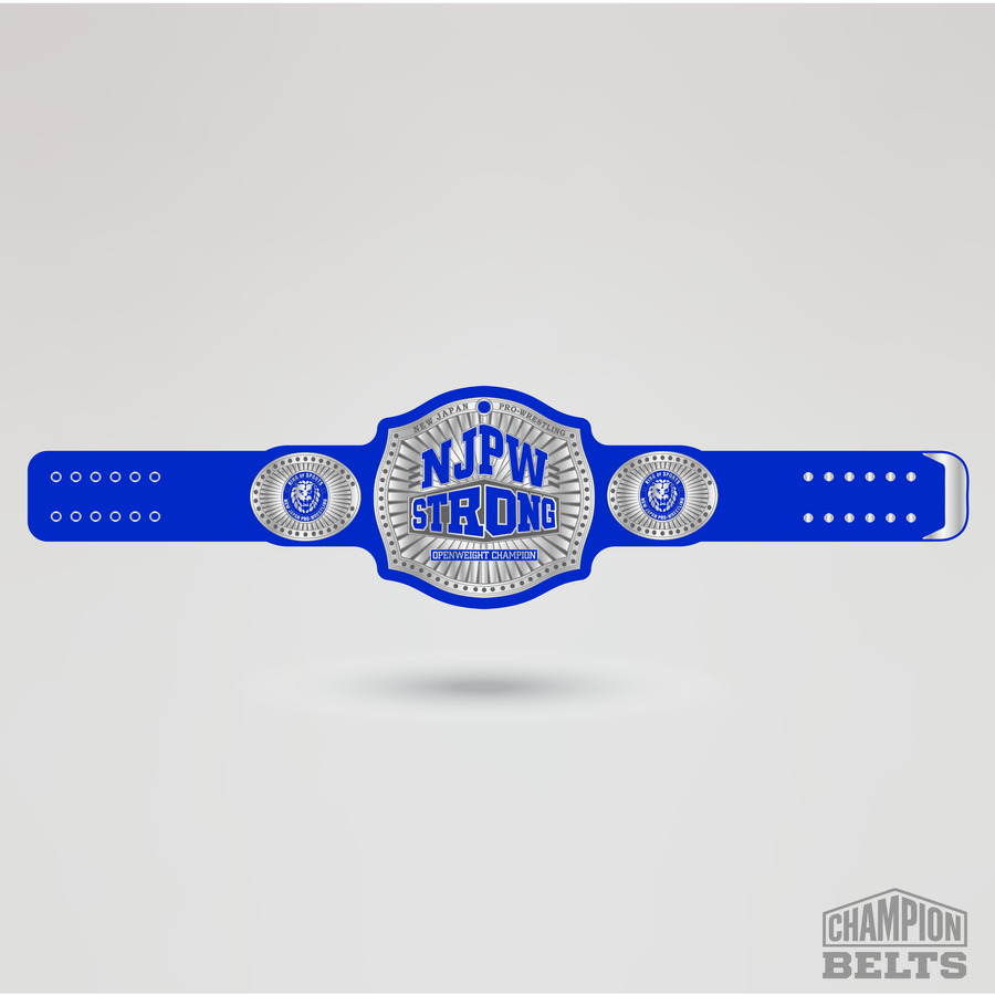 Custom NJPW STRONG Openweight Champion belt with blue strap and silver championship plates