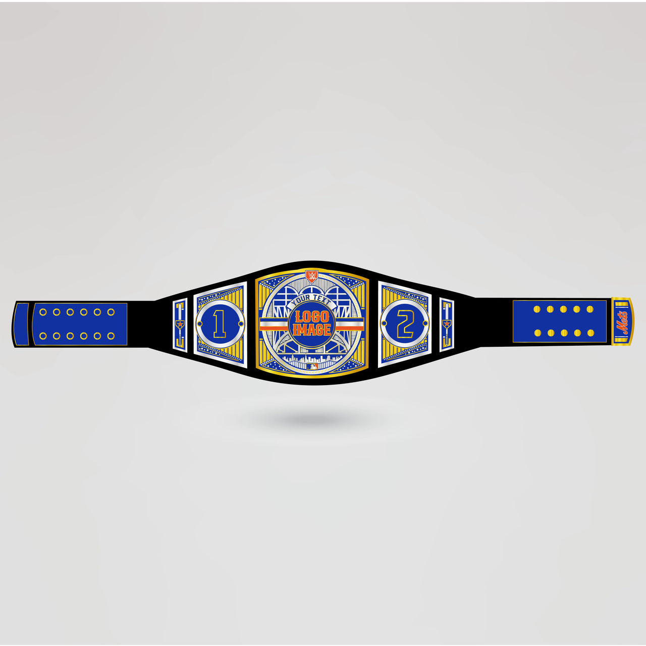 Template showing the areas where logos and text can be added to the New York Mets championship belt for personalization.