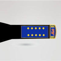 The strap design of the New York Mets championship belt, highlighting the rich blue and gold coloring.