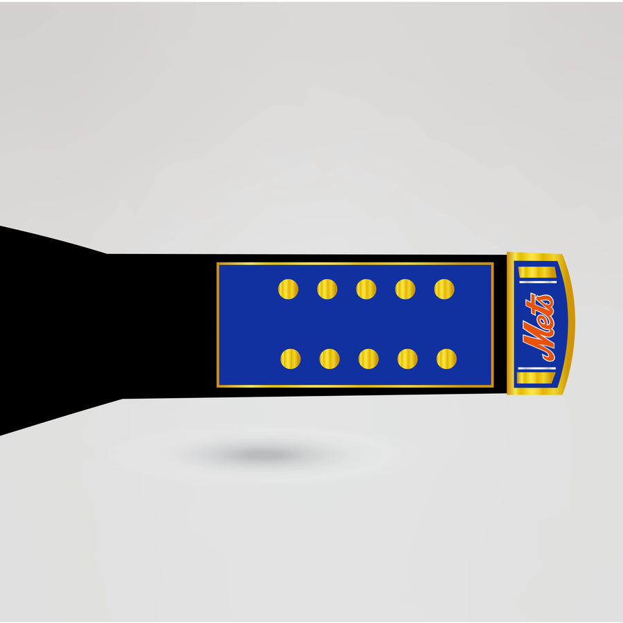 The strap design of the New York Mets championship belt, highlighting the rich blue and gold coloring.