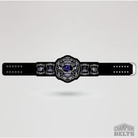 Custom New York State wrestling champion belt with black strap, silver details, and purple accents