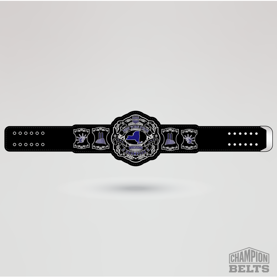 Custom New York State wrestling champion belt with black strap, silver details, and purple accents