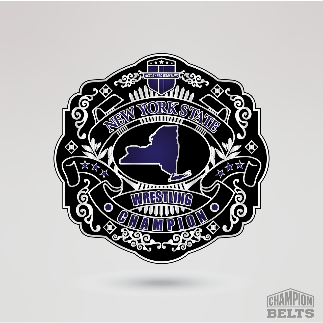 Championship center plate featuring the New York State outline with wrestling champion text and decorative details