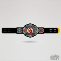 Oklahoma Sooners championship belt with black strap, silver plates, crimson accents, and OU logo centerpiece