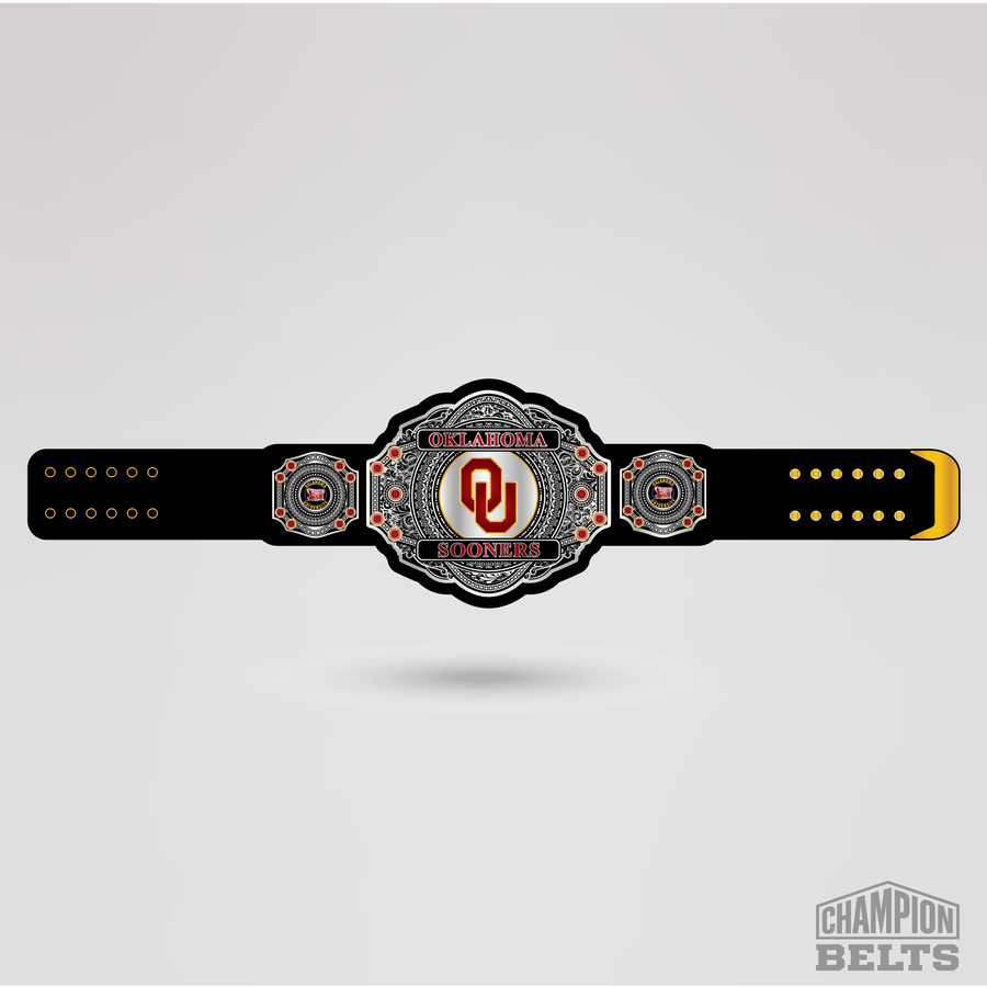 Oklahoma Sooners championship belt with black strap, silver plates, crimson accents, and OU logo centerpiece