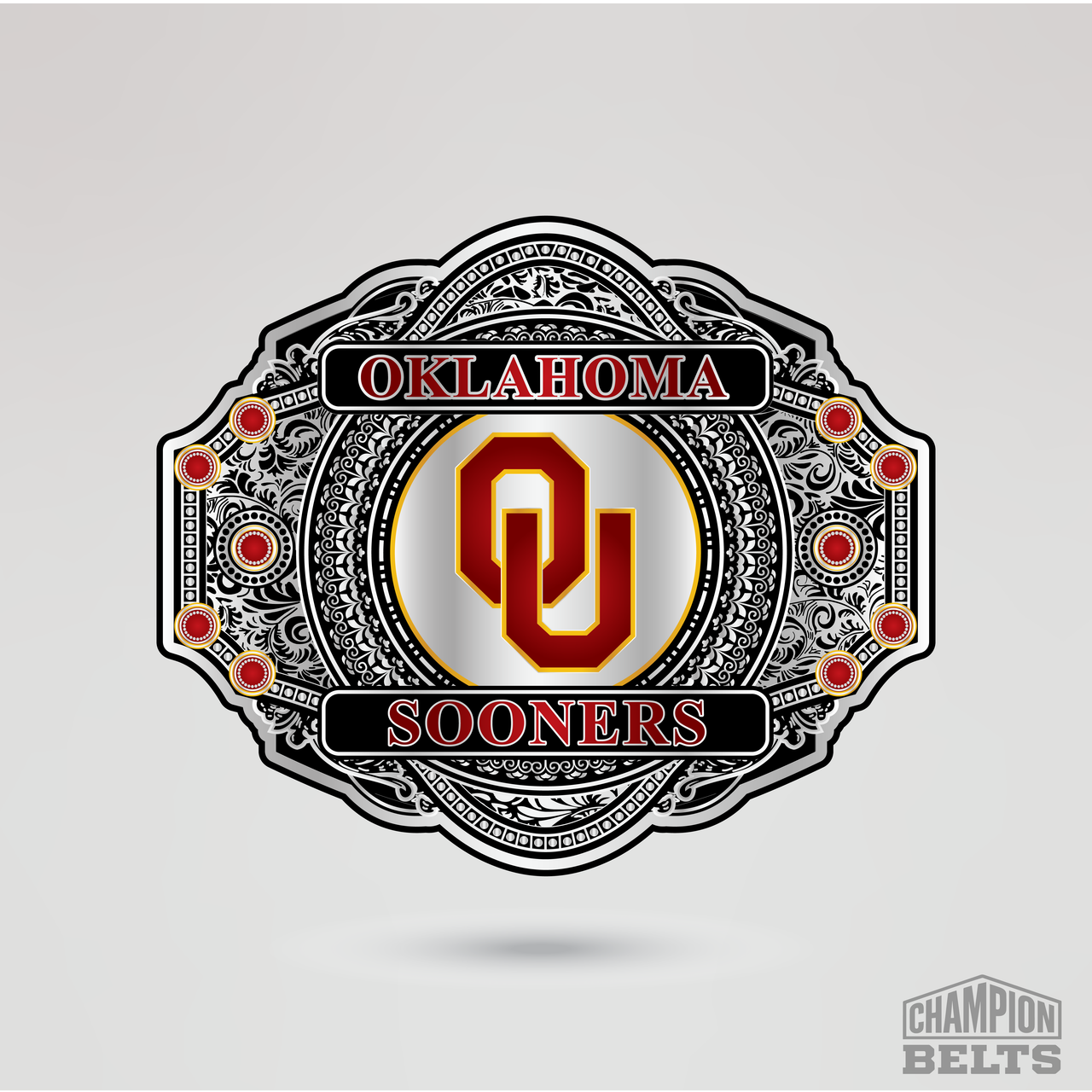 Detailed silver championship center plate featuring Oklahoma Sooners branding and OU logo