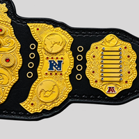 Custom gold fantasy football championship belt right side plates with team logos, nameplate areas, and decorative detailing.