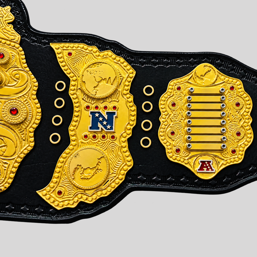 Custom gold fantasy football championship belt right side plates with team logos, nameplate areas, and decorative detailing.